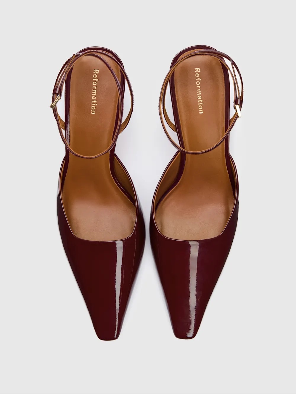 Reformation Burgundy Patent Pointed Slingback Pump